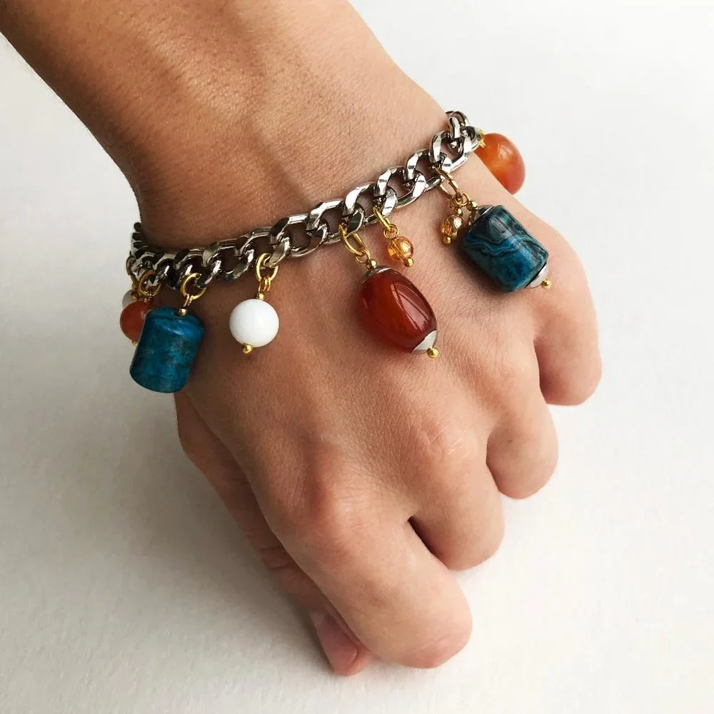 Chunky charm bracelet, curb chain bracelet silver